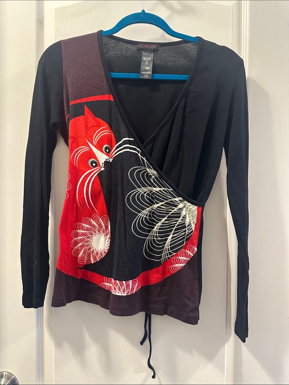 Custo Barcelona Black & Red Long-Sleeve Faux Wrap Top with Graphic Cat